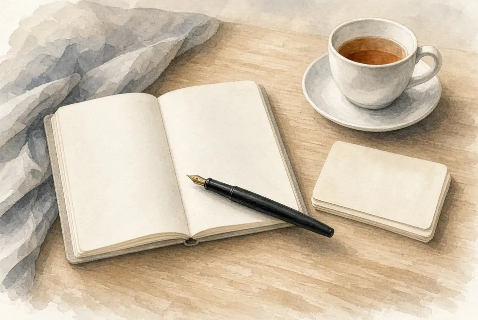 Watercolour of an open notebook with a fountain pen, a cup of tea and a small stack of cards on a wooden table.