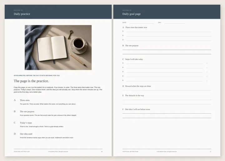 Two workbook pages: Daily practice, with an illustration of a notebook, coffee and a key, and the blank daily goal sheet.